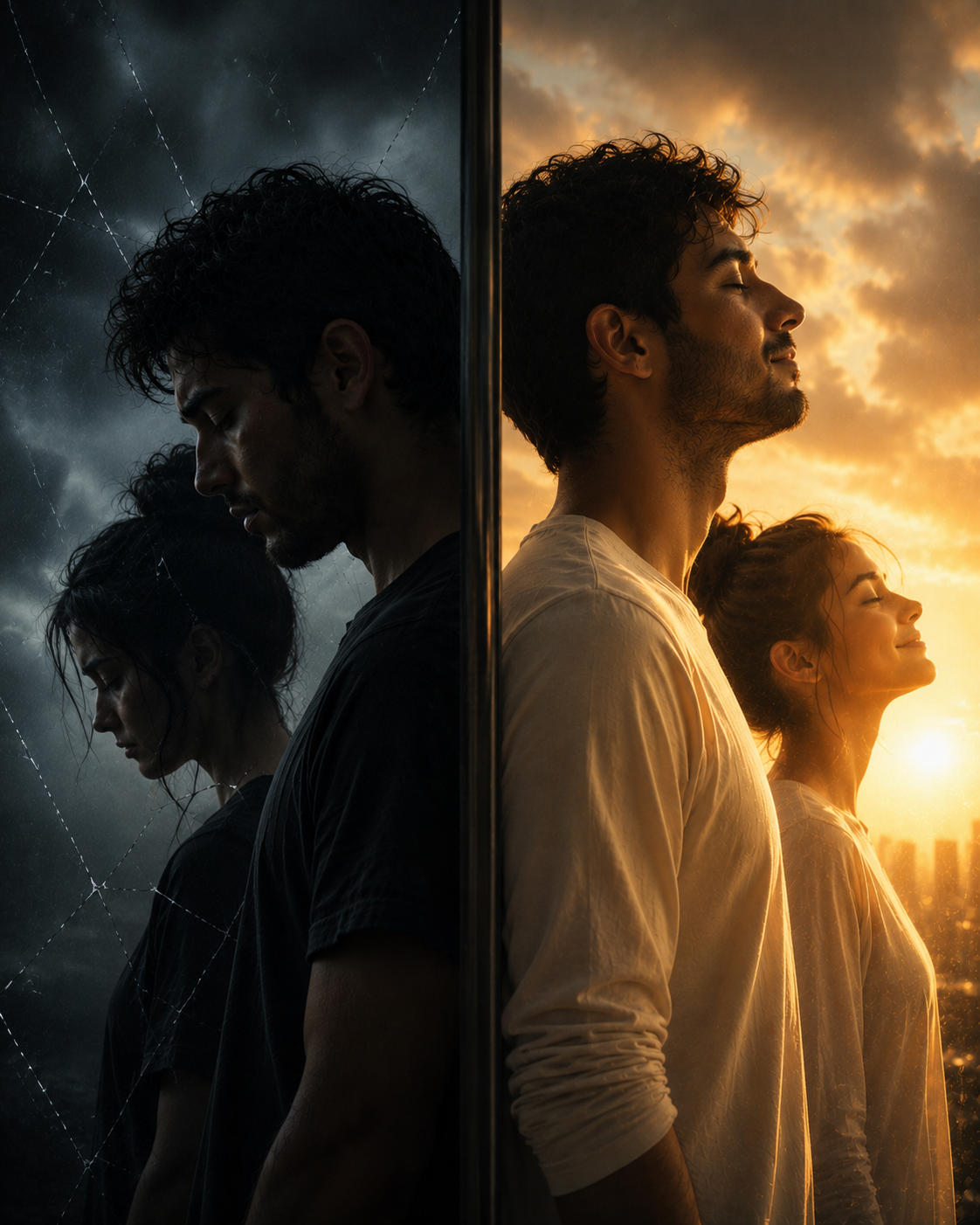 Two halves of the same person, one in shadow, one in golden light